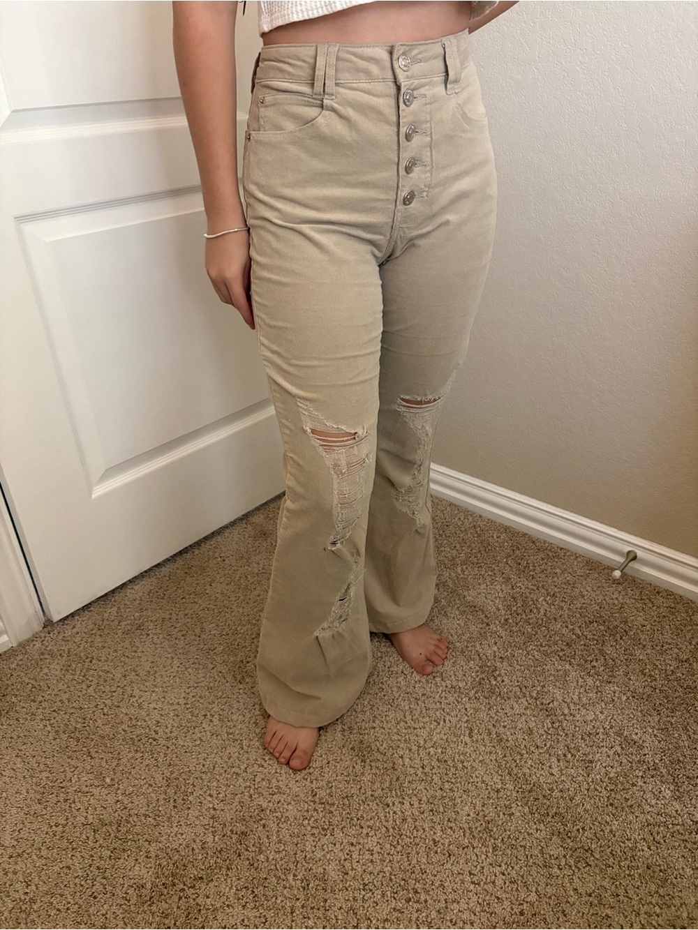 Forever 21 Beige High-Rise Boot Cut Jeans with Distressed Knees